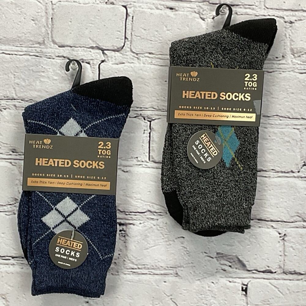 Heat Trendz Heated Socks Mens Size 10-13 Blue/Heathered Black Argyle Extra Thick